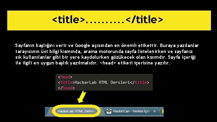 <title>. . </title> Sayfanın başlığını verir ve Google açısından en önemli etikettir. Buraya yazılanlar