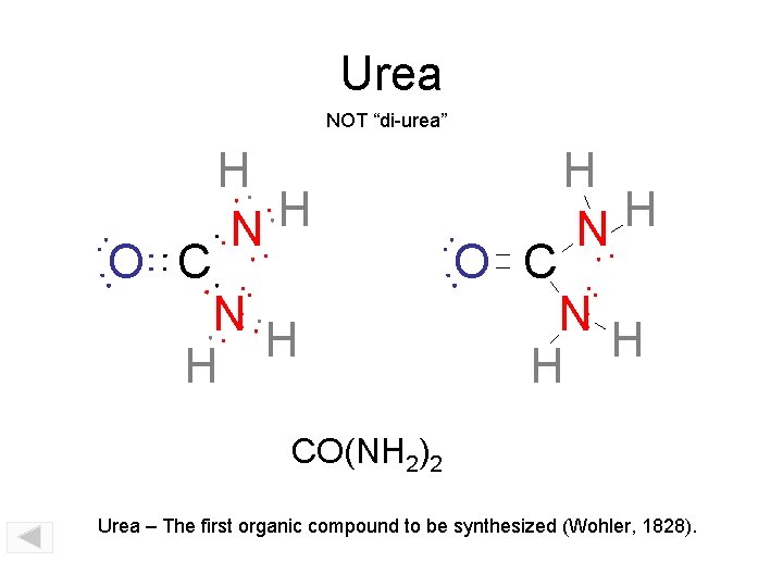 Urea NOT “di-urea” H H N O C N H H CO(NH 2)2 Urea