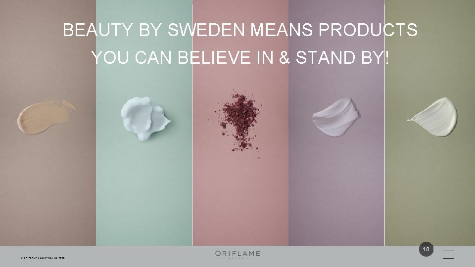 BEAUTY BY SWEDEN MEANS PRODUCTS YOU CAN BELIEVE IN & STAND BY! 18 ©