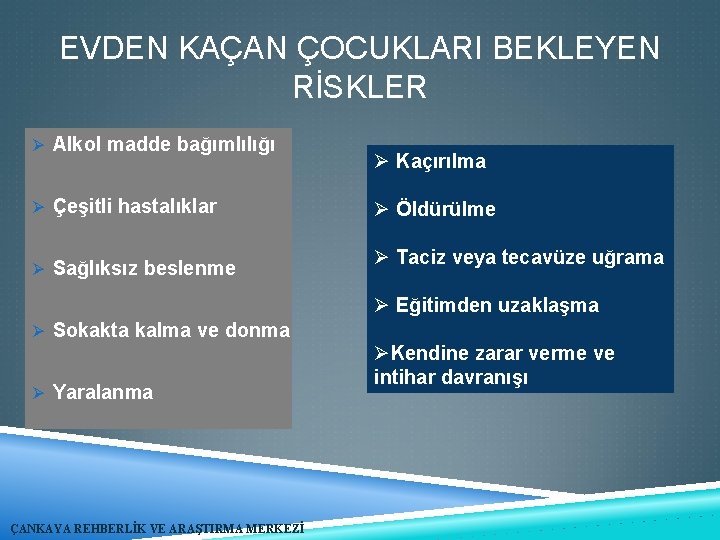 EVDEN KAÇAN ÇOCUKLARI BEKLEYEN RİSKLER Ø Alkol madde bağımlılığı Ø Çeşitli hastalıklar Ø Sağlıksız