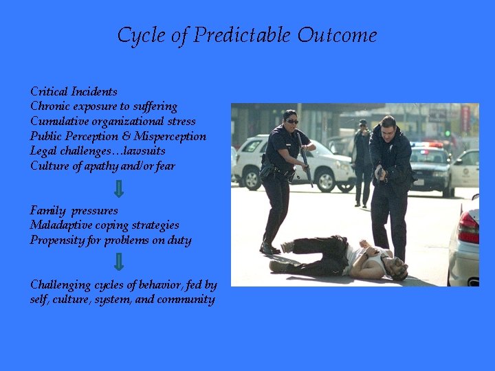 Cycle of Predictable Outcome Critical Incidents Chronic exposure to suffering Cumulative organizational stress Public