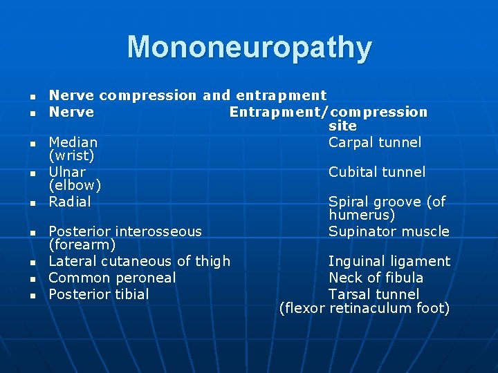 Mononeuropathy n n n n n Nerve compression and entrapment Nerve Entrapment/compression site Median