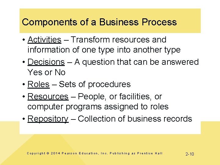 Components of a Business Process • Activities – Transform resources and information of one