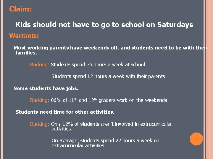 Claim: Kids should not have to go to school on Saturdays. Warrants: Most working