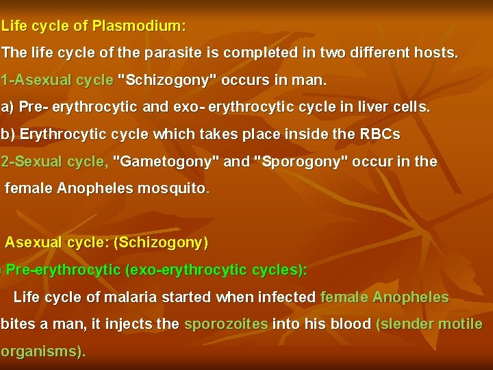 Life cycle of Plasmodium: The life cycle of the parasite is completed in two