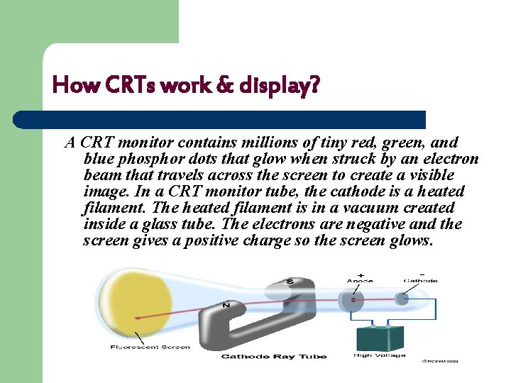 How CRTs work & display? A CRT monitor contains millions of tiny red, green,