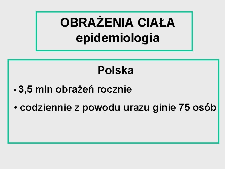 OBRAŻENIA CIAŁA epidemiologia Polska • 3, 5 mln obrażeń rocznie • codziennie z powodu
