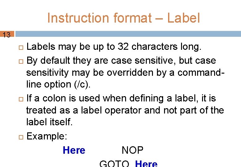 Instruction format – Label 13 Labels may be up to 32 characters long. By