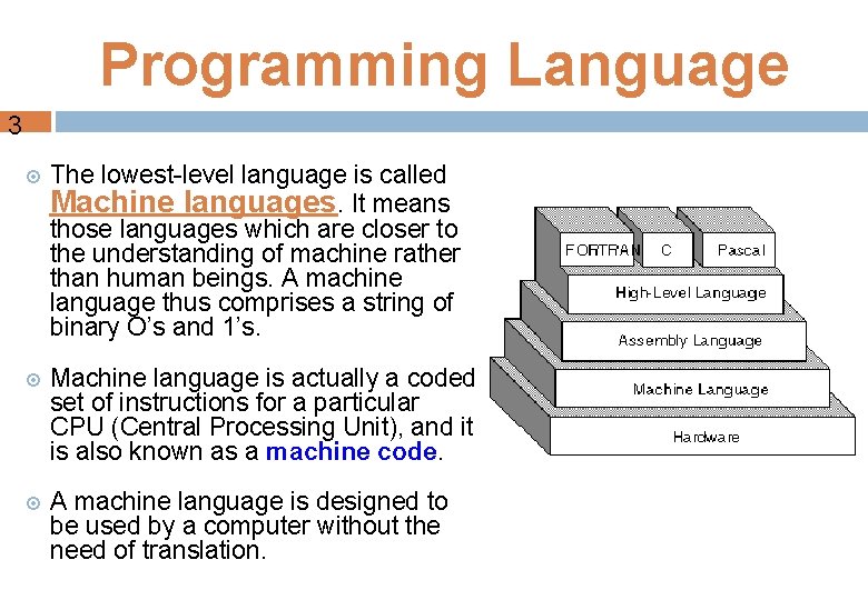 Programming Language 3 The lowest-level language is called Machine languages. It means those languages
