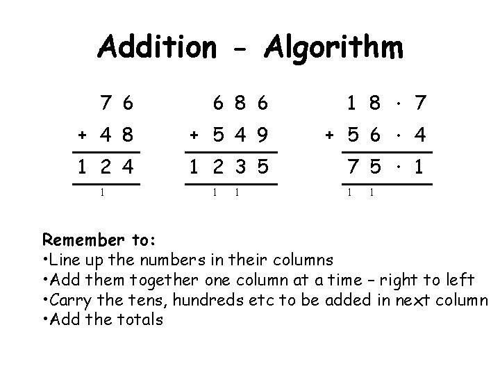 Addition - Algorithm 7 6 6 8 6 + 4 8 + 5 4