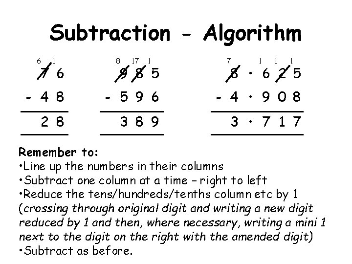 Subtraction - Algorithm 6 1 7 6 8 17 1 9 8 5 7