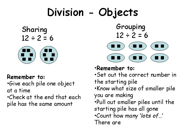 Division - Objects Sharing 12 ÷ 2 = 6 Remember to: • Give each