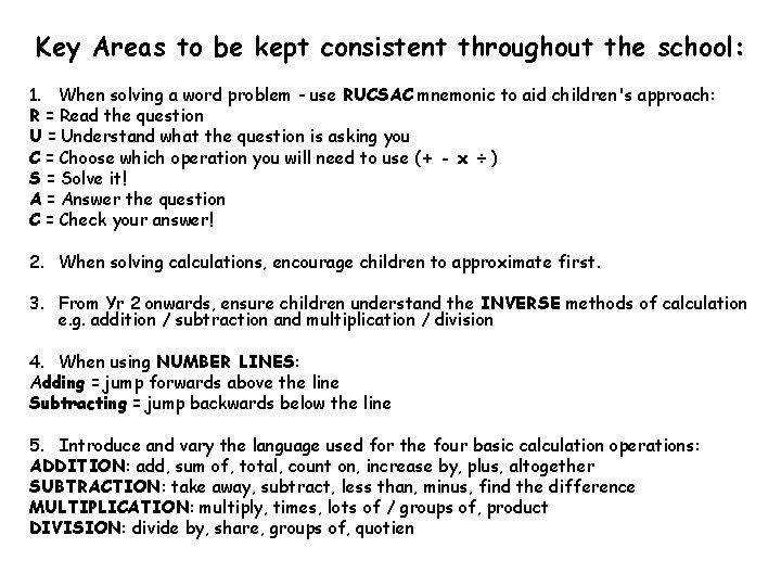 Key Areas to be kept consistent throughout the school: 1. When solving a word