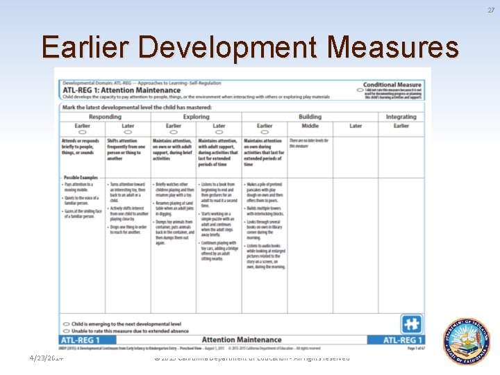 27 Earlier Development Measures 4/23/2014 © 2015 California Department of Education - All rights