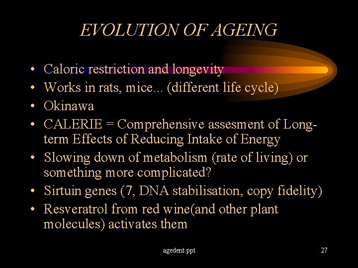 EVOLUTION OF AGEING • • Caloric restriction and longevity Works in rats, mice. .