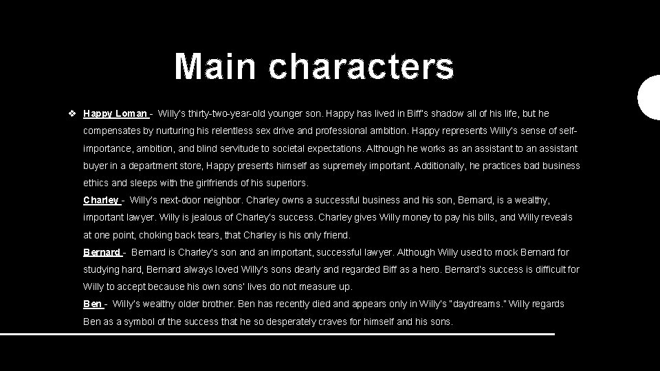 Main characters v Happy Loman - Willy’s thirty-two-year-old younger son. Happy has lived in