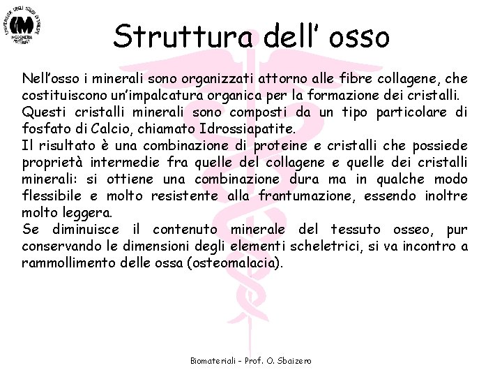 Struttura dell’ osso Nell’osso i minerali sono organizzati attorno alle fibre collagene, che costituiscono