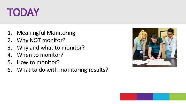 TODAY 1. 2. 3. 4. 5. 6. Meaningful Monitoring Why NOT monitor? Why and