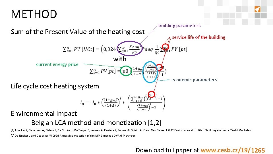 METHOD Sum of the Present Value of the heating cost building parameters service life