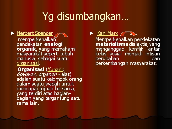 Yg disumbangkan… ► Herbert Spencer memperkenalkan pendekatan analogi organik, yang memahami masyarakat seperti tubuh