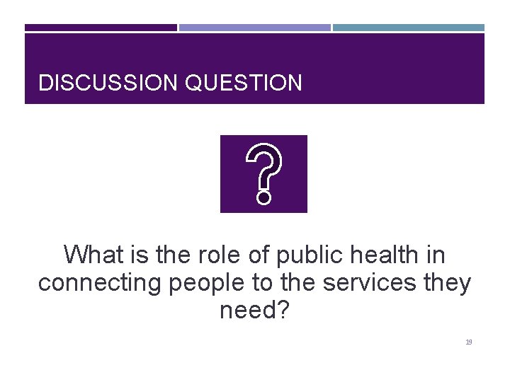 DISCUSSION QUESTION What is the role of public health in connecting people to the