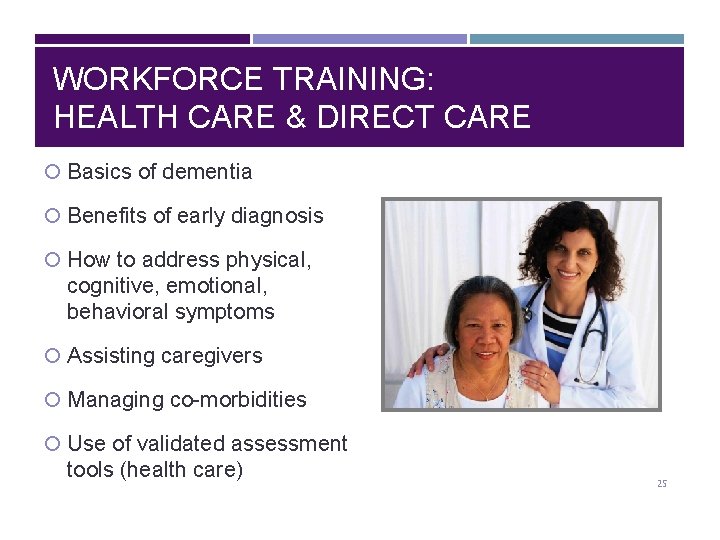 WORKFORCE TRAINING: HEALTH CARE & DIRECT CARE Basics of dementia Benefits of early diagnosis
