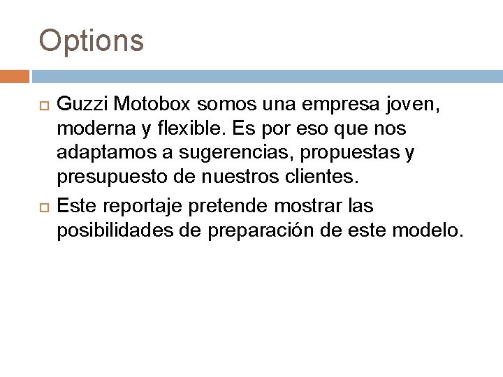 Options Guzzi Motobox somos una empresa joven, moderna y flexible. Es por eso que