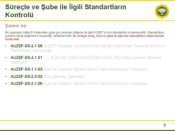 Süreçle ve Şube ile İlgili Standartların Kontrolü Şubenin Adı: Bu aşamada Kalite El Kitabından