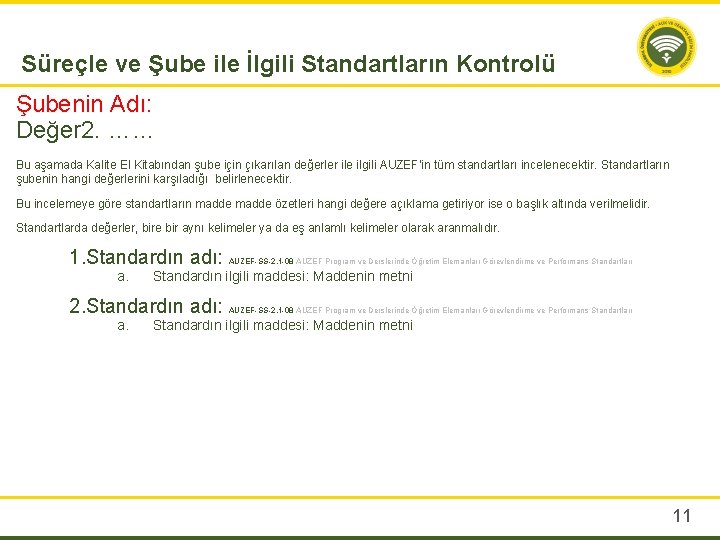 Süreçle ve Şube ile İlgili Standartların Kontrolü Şubenin Adı: Değer 2. …… Bu aşamada