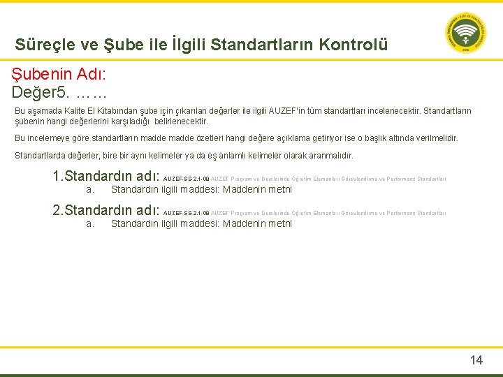 Süreçle ve Şube ile İlgili Standartların Kontrolü Şubenin Adı: Değer 5. …… Bu aşamada