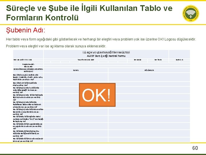 Süreçle ve Şube ile İlgili Kullanılan Tablo ve Formların Kontrolü Şubenin Adı: Her tablo