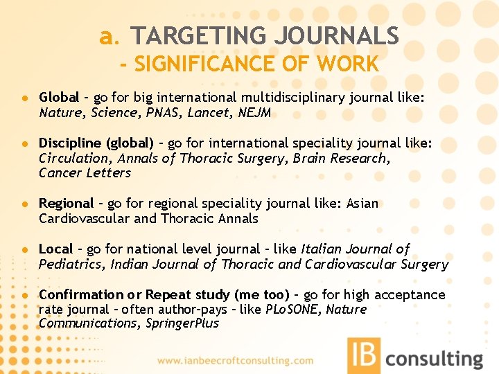 a. TARGETING JOURNALS - SIGNIFICANCE OF WORK l Global – go for big international