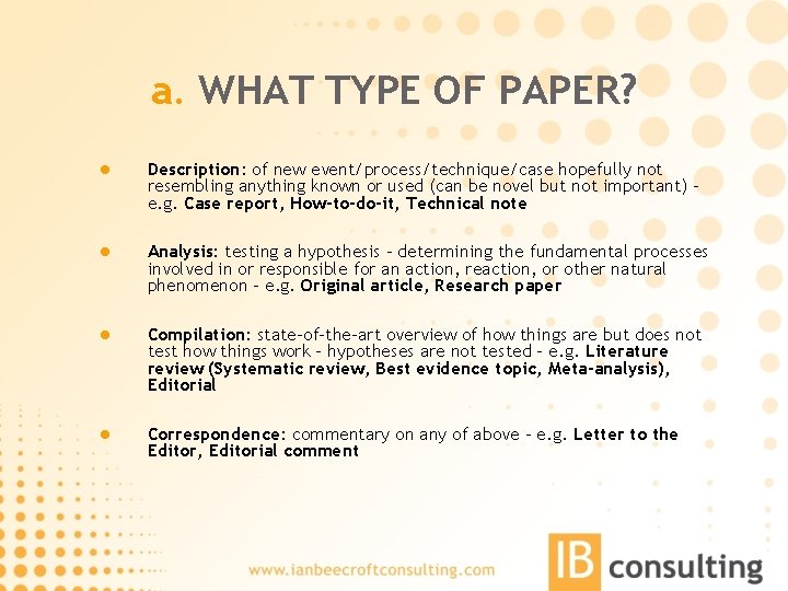 a. WHAT TYPE OF PAPER? l Description: of new event/process/technique/case hopefully not resembling anything