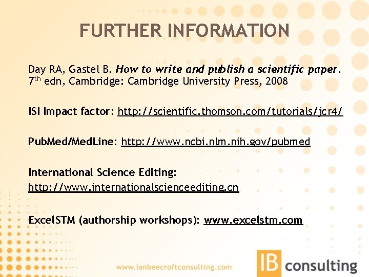 FURTHER INFORMATION Day RA, Gastel B. How to write and publish a scientific paper.