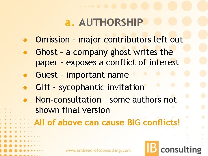 a. AUTHORSHIP l l l Omission – major contributors left out Ghost – a