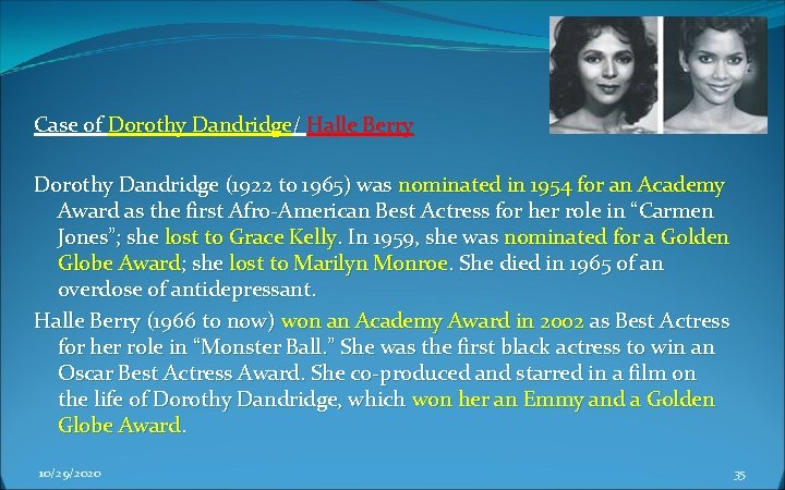 Case of Dorothy Dandridge/ Halle Berry Dorothy Dandridge (1922 to 1965) was nominated in