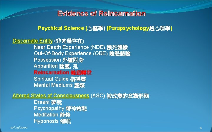 Evidence of Reincarnation Psychical Science (心靈學) (Parapsychology超心理學) Discarnate Entity (非肉體存在) 非肉體存在 Near Death Experience