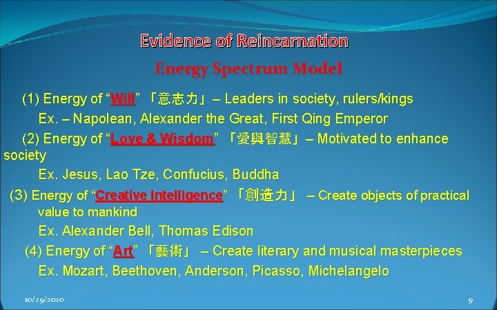 Evidence of Reincarnation Energy Spectrum Model (1) Energy of “Will” 「意志力」– Leaders in society,