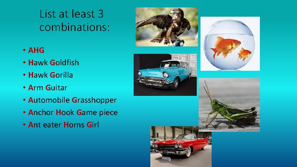 List at least 3 combinations: • AHG • Hawk Goldfish • Hawk Gorilla •