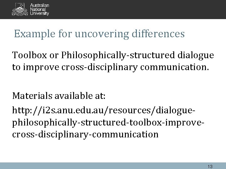 Example for uncovering differences Toolbox or Philosophically-structured dialogue to improve cross-disciplinary communication. Materials available