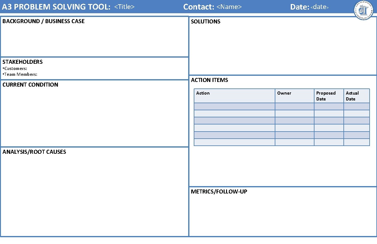 A 3 PROBLEM SOLVING TOOL: <Title> BACKGROUND / BUSINESS CASE Contact: <Name> Date: <date>