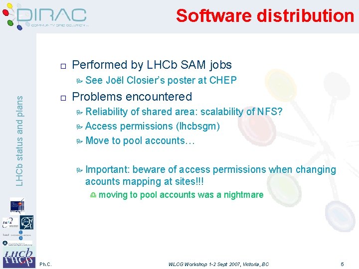 Software distribution o Performed by LHCb SAM jobs P See LHCb status and plans