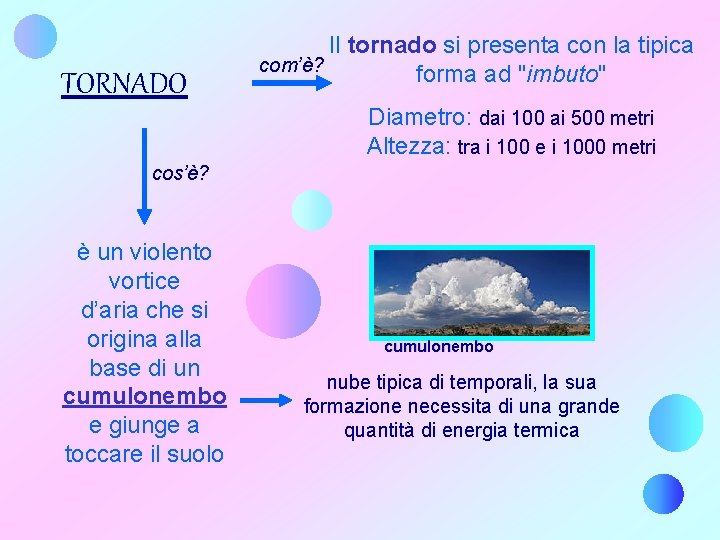 TORNADO Il tornado si presenta con la tipica com’è? forma ad "imbuto" Diametro: dai