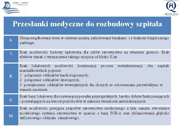 Przesłanki medyczne do rozbudowy szpitala 6. 7. Nieuporządkowany teren w centrum miasta, zabudowany barakami