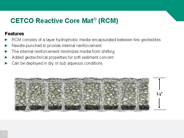 CETCO Reactive Core Mat® (RCM) Features RCM consists of a layer hydrophobic media encapsulated