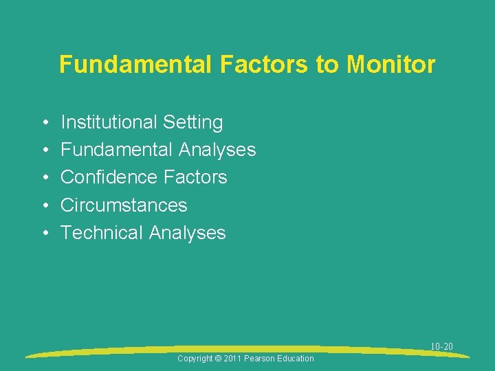Fundamental Factors to Monitor • • • Institutional Setting Fundamental Analyses Confidence Factors Circumstances