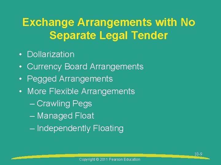 Exchange Arrangements with No Separate Legal Tender • • Dollarization Currency Board Arrangements Pegged