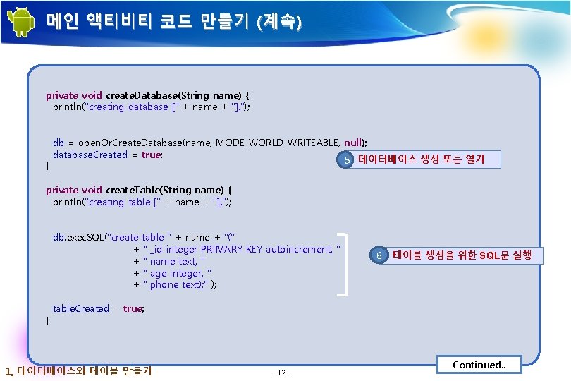 메인 액티비티 코드 만들기 (계속) private void create. Database(String name) { println("creating database ["