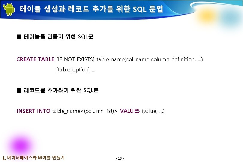 테이블 생성과 레코드 추가를 위한 SQL 문법 ■ 테이블을 만들기 위한 SQL문 CREATE TABLE