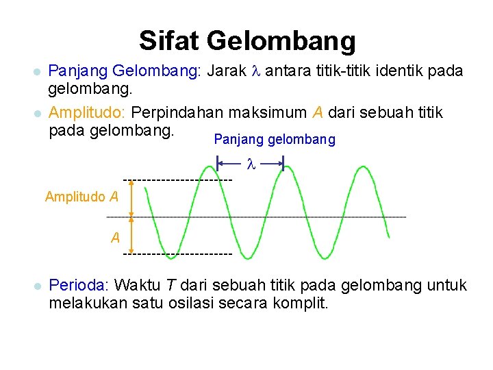 Sifat Gelombang l l Panjang Gelombang: Jarak antara titik-titik identik pada gelombang. Amplitudo: Perpindahan